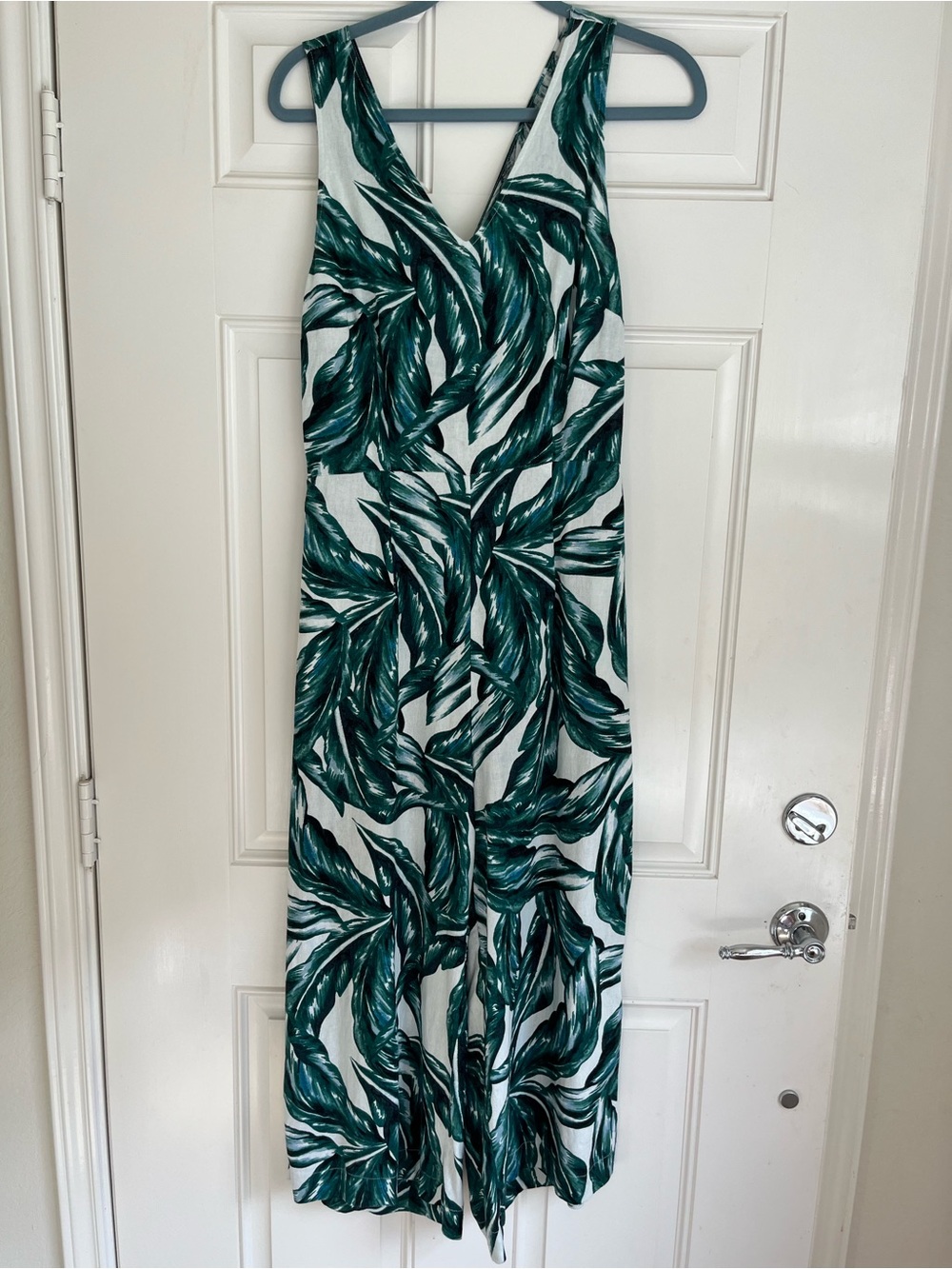 Women’s Tropical Leaf V-Neck Linen Romper Green on White SZ M